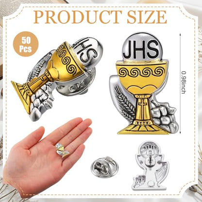 Hoteam 50 Pcs First Communion Enamel Lapel Pins Bulk Chalice with Grapes and Wheat Gold Plated Religious Pins Gifts for First Holy Communion Catholic Baptism Christian Memorial Favors - style: Retro