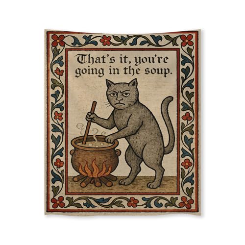 FoxUncle Weird Medieval Cat Tapestry Vintage Medieval Cat Aesthetic Wall Art Funny Quirky Animal Wall Decor 50 x 60 inches Home Decor for Living Room Hallway Bedroom - color: White, size: 60"L x 50"W