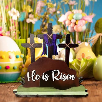JNYVE Easter Table Decorations for Home: He is Risen Decor Religious Christian Scene Decoration Wooden Cross Tabletop Signs for Home Rustic Farmhouse Spring Decor - style: Modern