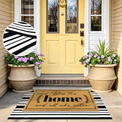 2 Pcs Christian Door Mat Welcome Mats for Front Door Striped Layering Rugs - color: 2 Pcs Coir Home