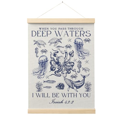 FGFK Vintage Navy Blue Christian Ocean Wall Art Poster Hanger Frame, Coastal Beach Isaiah 43:2 Bible Verse Religious Canvas Prints Framed Wall Decor for Home Office, 12x16 Inch - color: Navy Blue Christian Ocean