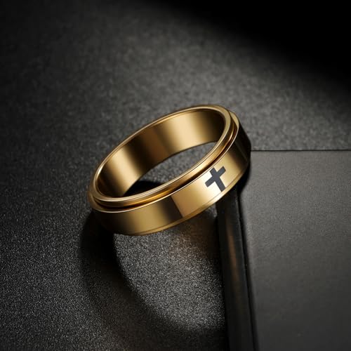 Mens Fidget Rings Anxiety Ring for Men 6mm 8mm Chain Spinner Ring Size 5-14 - color: Jet Gold