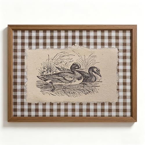 Vintage Duck Wall Art Cottage Core Farmhouse Canvas Room Decor Rustic Gingham Print Vintage Country Pictures Sketch Duck Painting Cottagecore Animal Artwork for Living Room Bedroom 8x10 Inch Framed - color: Swimming Duck Prints, size: 10"L x 8"W
