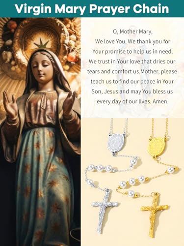 Supcare Rosary for Men Women Catholic Necklace Rosary Beads Customized - color: F04-Mary Yellow White Pearl