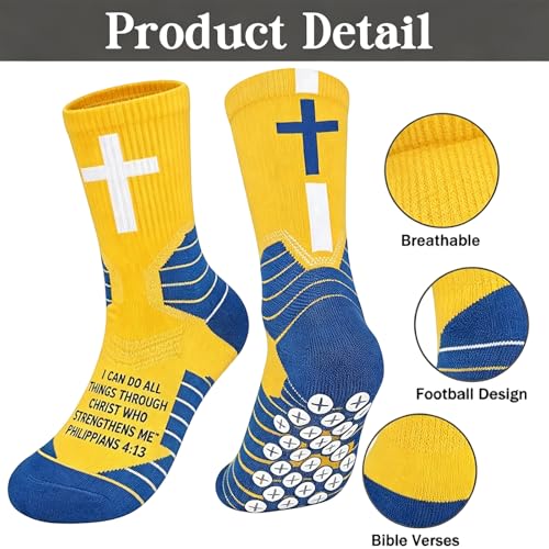 3 Pair Christian Cross Grip Soccer Socks - Moisture-Wicking Anti-Slip Grips Sports Sock with Bible for US 6-13 - color: Yellow