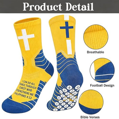 3 Pair Christian Cross Grip Soccer Socks - Moisture-Wicking Anti-Slip Grips Sports Sock with Bible for US 6-13 - color: Yellow