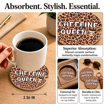 Leopard Print Coffee Car Coasters, Caffeine Queen Coquette Cup Holders, 11 - color: Leopard Print Coffee