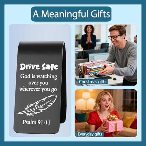 Drive Safe Christian Car Visor Clip Stainless Steel, God is Watching Over You Psalm 91:11 Engraved Reminder, Faith Based Safe Driving Gift, Religious Car Accessory for Men Women EDG38 - color: Black-G38