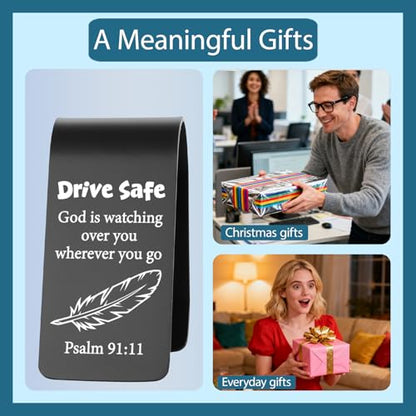 Drive Safe Christian Car Visor Clip Stainless Steel, God is Watching Over You Psalm 91:11 Engraved Reminder, Faith Based Safe Driving Gift, Religious Car Accessory for Men Women EDG38 - color: Black-G38