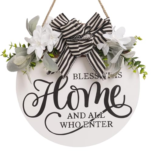 Welcome Sign for Front Door, 11.8 Inch Bless This Home and All Who Enter Sign with Wreaths, Round Wood Wall Hanging Decor for Home Front Porch Outdoor