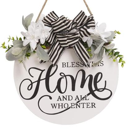 Welcome Sign for Front Door, 11.8 Inch Bless This Home and All Who Enter Sign with Wreaths, Round Wood Wall Hanging Decor for Home Front Porch Outdoor