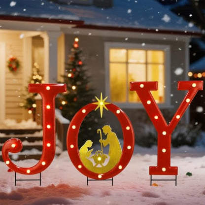 Hausse Lighted Christmas Decorations Outdoor, 15" Joy Letter Nativity Scenes Sets, Xmas Metal Religious Yard Decor with Stake, Battery Powered for Home Winter New Year Holiday Garden Patio Lawn