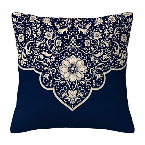 Ethnic Art Throw Pillow Cover,Deep Blue and Cream Floral Mandala Decorative Pillow Case,Boho Indian Style Paisley Cotton Linen Cushion Case for Home Decor 18 * 18 Inch - color: Settype23