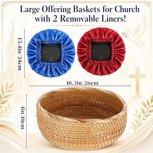 Newtay 10.3 Inch Round Offering Baskets for Church, Wicker Offering Bowl with 2 Removable Liners, Rattan Church Tithes Donation Bowl Communion Smudge Storage Basket for Home Altar Decor