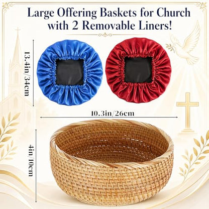 Newtay 10.3 Inch Round Offering Baskets for Church, Wicker Offering Bowl with 2 Removable Liners, Rattan Church Tithes Donation Bowl Communion Smudge Storage Basket for Home Altar Decor