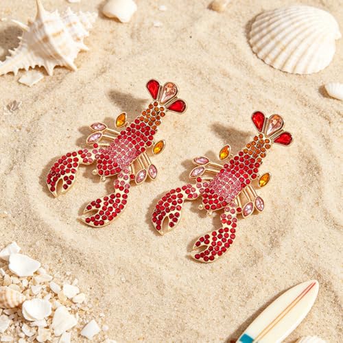 Creative Exaggerated Ocean Animal Drop Dangle Earrings for Women, Bohemia Style Alloy Lobster Octopus Fish Crab Earrings for Summer Beach Holiday Party Jewelry Gifts - style: Pink Red Rhinestone Lobster Earrings-H