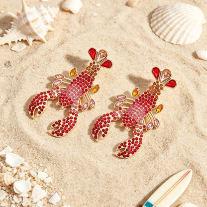 Creative Exaggerated Ocean Animal Drop Dangle Earrings for Women, Bohemia Style Alloy Lobster Octopus Fish Crab Earrings for Summer Beach Holiday Party Jewelry Gifts - style: Pink Red Rhinestone Lobster Earrings-H