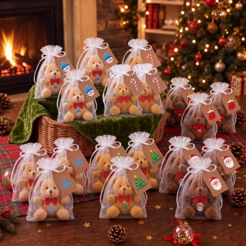 Poen 18 Set Christmas Mini Plush Bears Gift 4" Brown Stuffed Animals - color: Brown, style: Christmas