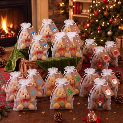 Poen 18 Set Christmas Mini Plush Bears Gift 4" Brown Stuffed Animals - color: Brown, style: Christmas