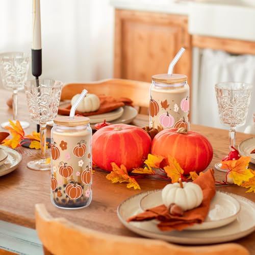 2 Pcs Fall Pumpkin Glass Cup With Lid & Straws Pumpkin Gifts for Women - style: Pumpkin