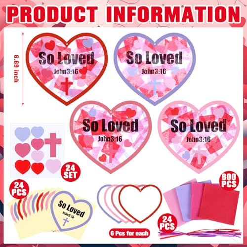 Lunmon 24 Pcs So Loved John3:16 Christian Valentine Crafts Religious Valentine Suncatchers Ornaments DIY Heart Stained Glass Kit Window Art for Church Party Vbs with Ribbon and Stickers - style: Heart