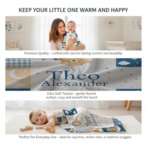 Personalized Teddy Bear Moon Baby Blanket, Custom Baby Name Blanket - color: Blue #4