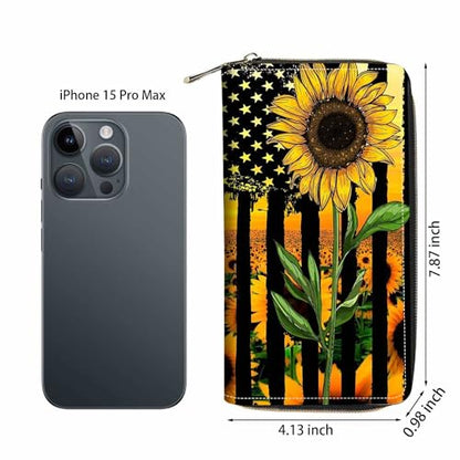 American Flag Sunflower Print Wallet for Women Large Capacity Wallet Credit Card Holder PU Leather Zipper Clutch Purse Phone Wallet - color: American Flag Sunflower
