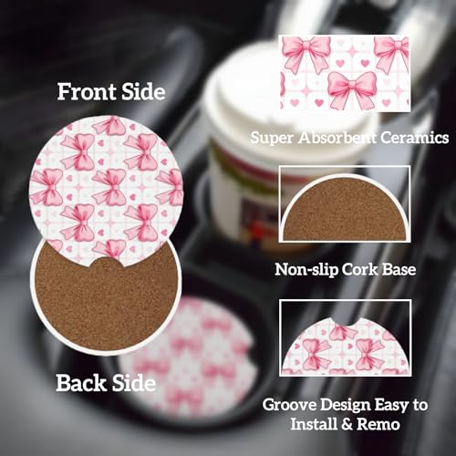 Ceramic Car Cup Coasters 2PCS - Checkered Bowknot - color: Checkered Bowknot
