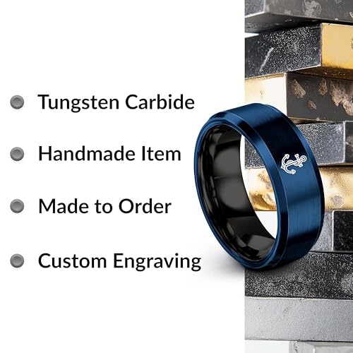 Gift for Nautical Fan - Anchor With Rope Ring - Men Women - Tungsten - Flat Dome Bevel - Band - Yellow Gold Black Silver Blue - Anniversary Wedding - 8mm - Brushed Polished - Personalized Custom Engra - color: 12 - Black Blue Tungsten