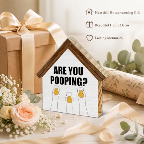 Funny Goose Bathroom Decor, Are You Pooping House Shaped Wooden Sign - color: duck