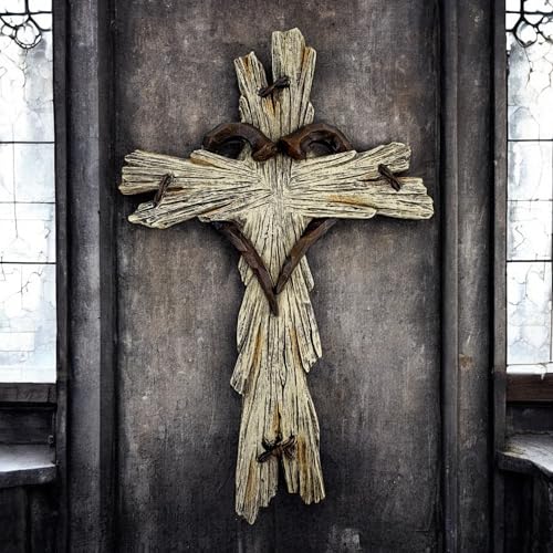 Rustic Wood-Look Resin Wall Cross with Barbed Wire & Nail Heart Accents – 11 ½” Christian Farmhouse Wall Décor, Inspirational Religious Gift (Whitewash) - color: Whitewash