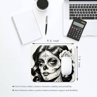 Day of the Dead Sugar Skull Woman Mouse Pad 9.5" x 7.9", Black & White Tattoo Art Cute Desk Mat - color: Floral Skull