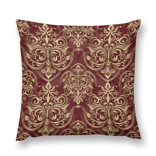 Red Damask Throw Pillow Cover Vintage Luxury Classic Burgundy Gold Damask Floral Couch Sofa Pillowcases Boho Antique Victorian Flowers Pillows Cushion Case for Farmhouse Bed Chair 18x18inch - color: Damaskblack-10