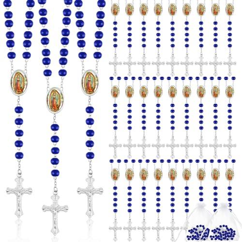 Taiyin 36 Pcs Wooden Bead Rosary Necklace with Crucifix and Our Lady of Guadalupe Scented First Communion Rosary with 36 Organza Bags Baptism Favors Catholic Gift for Men Women - color: Blue