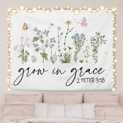AQYIP Floral Christian Tapestry Wall Hanging, Grow in Grace Butterfly Wildflowers Floral Tapestry Decorative, Bible Verse Wall Blanket Decor for Home Living Room Bedroom, 50x60 Inch - color: 1 - grow in grace
