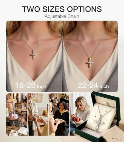 Lovans Cross Necklace for Women 925 Sterling Silver Angel Wings Pendant - color: White Gold+White CZ, size: 18"+2"