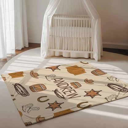 Personalized Personalized Cowboy Baby Blanket, Cowboy Hat Boots Quilt Pattern Design, Custom Name Toddler Kids Throw, Ranch Nursery Decor, Baby Gift Idea - color: Cowboy Baby Blanket#1