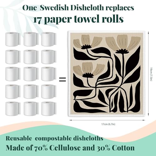 Swedish Dishcloths for Kitchen, Floral Boho Botanical Swedish DishCloths, Papaya Reusable Paper Towels Washable, 4 Pcs Dish Towels for Kitchen Party Home Housewarming Cleaning Cloths - color: Flower 11