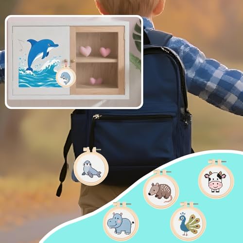 57lilina Easy Embroidery Kit for Kids Beginners, 6 Set Cute Stamped Pattern - color: Ant Eating Beast+Cow+Peacock+Dolphin+Manatee+Sea Lion