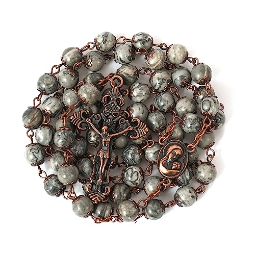 Nazareth Store Natural Stone Beads 8mm Rosary Necklace Antique Copper Design Holy Soil Medal & Cross in Velvet Bag - Catholic Rosaries Terra Santa Jerusalem Collection - color: Map Stone