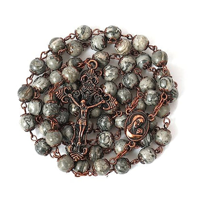 Nazareth Store Natural Stone Beads 8mm Rosary Necklace Antique Copper Design Holy Soil Medal & Cross in Velvet Bag - Catholic Rosaries Terra Santa Jerusalem Collection - color: Map Stone