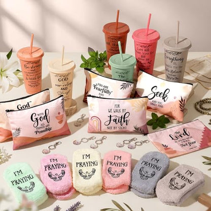 Funnymoom 24 Pcs Christian Church Gifts Bulk for Women 24 oz Boho Religious Plastic Tumbler Cup Bible Verse Makeup Cosmetic Bag Crew Sock Inspirational Keychain for Church Volunteer VBS Sunday School - style: Modern Boho Christian