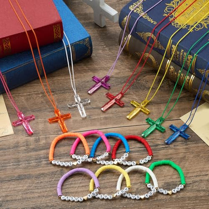 Equsion 48 Pcs Cross Necklaces Christian Religious Easter Party Favors Include 24 Plastic Crystal Cross Necklace DIY Craft Gifts with 24 Bracelet for Easter Vacation Bible Prize Favor(Jesus Loves You)