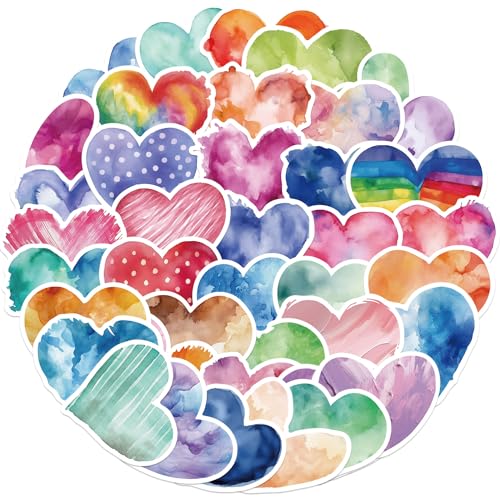 50pcs Cartoon Watercolor Heart Stickers, Teacher Gift Vinyl Stickers for Laptop Scrapbooking Journaling Notebook Party Supplies, Waterproof Stickers Pack for Teens Adults - color: Heart