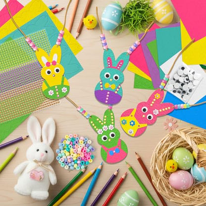 BeYumi Bunny Necklace Craft Kit - 24Pcs Bunny Peeps Felt Necklace Making Kits with Beads and Gem Sticker DIY Cute Rabbit Craft for Kids Sunday School Home Classroom Gift Party Favor Fun Activities - style: Bunny