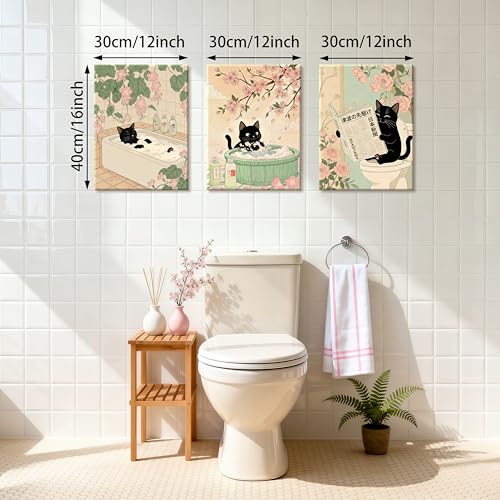 WENGTIAO 3Pcs Japanese Funny Black Cat Bathroom Wall Art Prints 12"x16" - color: Black Cat Bathroom, size: 12"x16"x3Pcs