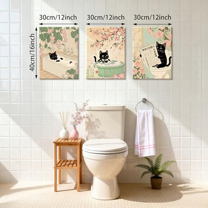 WENGTIAO 3Pcs Japanese Funny Black Cat Bathroom Wall Art Prints 12"x16" - color: Black Cat Bathroom, size: 12"x16"x3Pcs