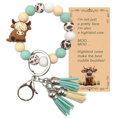 SHINYHARBOR Silicone Beaded Wristlet Keychain Bracelet,Key Wrist Keychains for Women Mom Teachers Best Friend - color: Cow-green