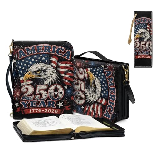 Bible Cover for Women Men with Bookmark and Shoulder Strap Large Leather Bible Case Vintage Bibles Protector - color: American Flag and Eagle Style, size: XX-Large