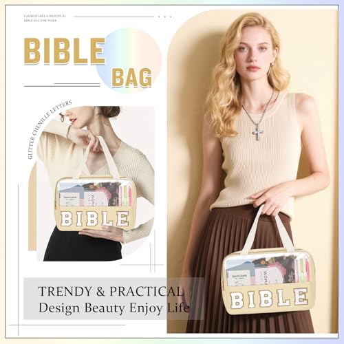 Chenille Letter Bible Bag Cover Case for Women,Preppy Bible Study Supplies Church Bag Purse Bible Accessories with Handle Zipper,Waterpoof Travel Makeup Bag Christmas Christian Gifts(BIBLE-Beige) - color: BIBLE-Beige